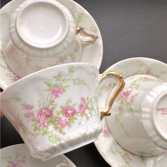 3 Sets Antique Haviland Limoges Porcelain Teacup & Saucers Dainty Pink Flowers
